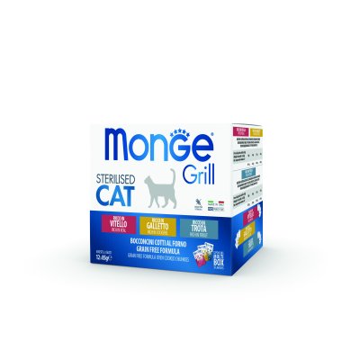 MONGE GRILL Sterilised Cat MULTIPACK kapsičky telecí, pstruh, kohoutek 12ks x 85g