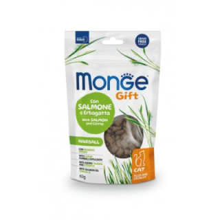 MONGE GIFT Cat Hairball Plněné polštářky s lososem a šantou kočičí 60g